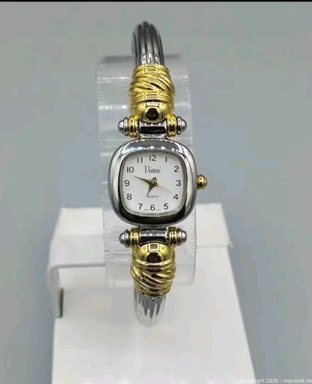 Ladies Vivani Stunning Paved Silver Gold Tone MoP Dial Cuff Bracelet Watch